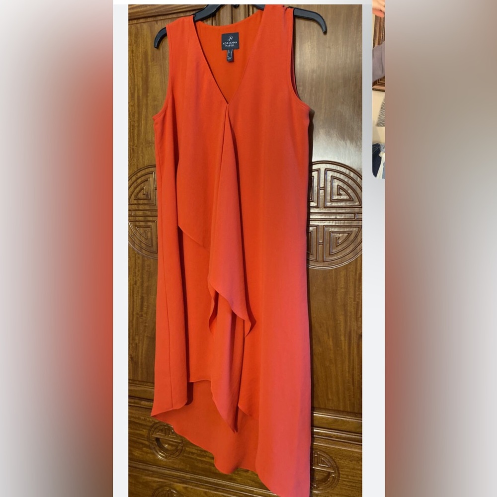 Adrianna papell fire orange assymetrical front drape dress! Size 4 NWT‎